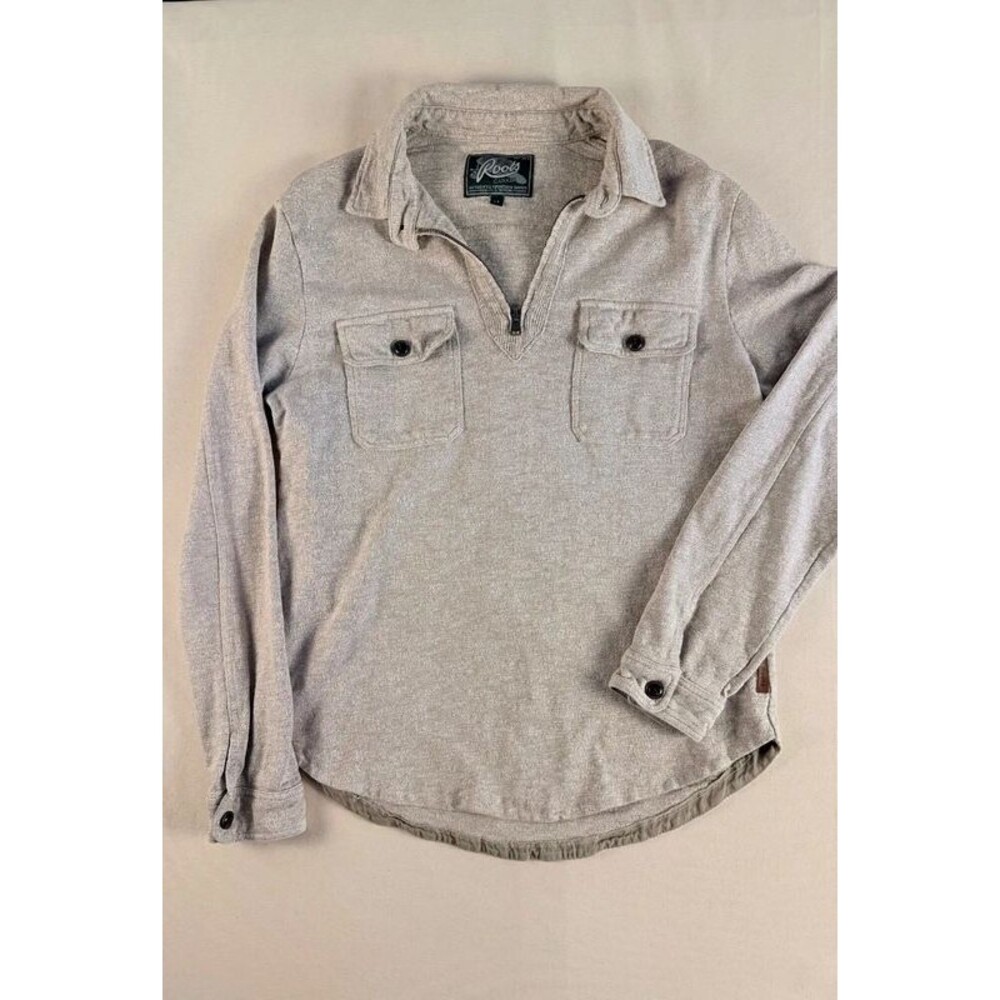 Roots Canada Oatmeal Quarter Zip Pullover Size L 100% Cotton